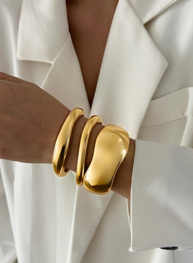 RchSLK 3Pcs Chunky Gold Bangles Bracelets for Women, Spring Hinged Big Stackable Bangles Set, Trendy Cuff Bracelet Stack Fashion Jewelry Gifts - Image 3